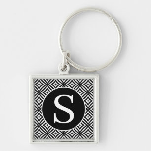 Monogram Classic Serif RF Diamond Circle Black Keychain