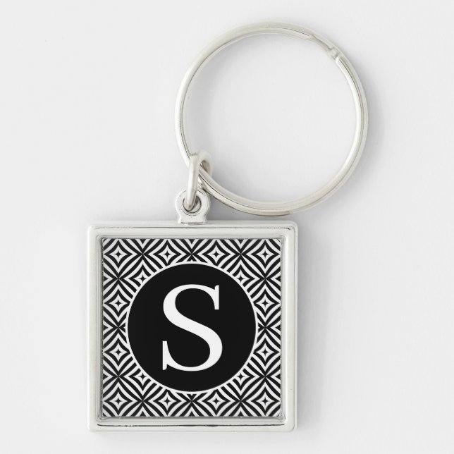 Monogram Classic Serif RF Diamond Circle Black Keychain (Front)