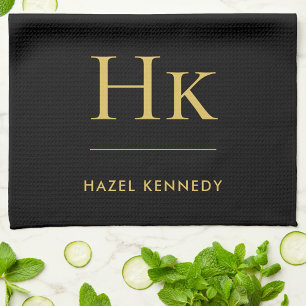 Monogram Classic Simple  Elegant Black Gold Kitchen Towel