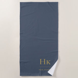 Monogram Classic Simple Navy Blue Gold Monogrammed Beach Towel