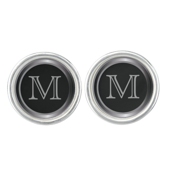 Monogram Classy Black and Gray Design Cufflinks (Front)