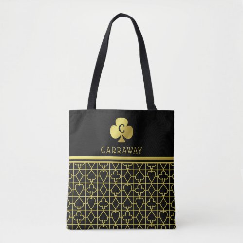 Monogram Classy Black Gold Card Suits Clover Tote Bag