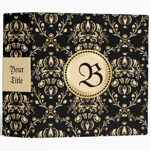 Monogram Classy Elegant Gold Damask Medieval Black Binder