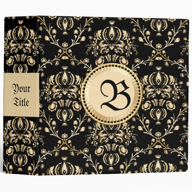 Monogram Classy Elegant Gold Damask Medieval Black Binder (Front/Spine)