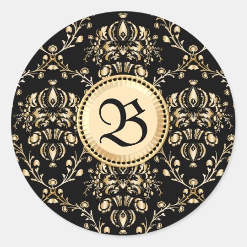 Monogram Classy Elegant Gold Damask Medieval Black Classic Round Sticker
