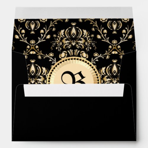Monogram Classy Elegant Gold Damask Medieval Black Envelope