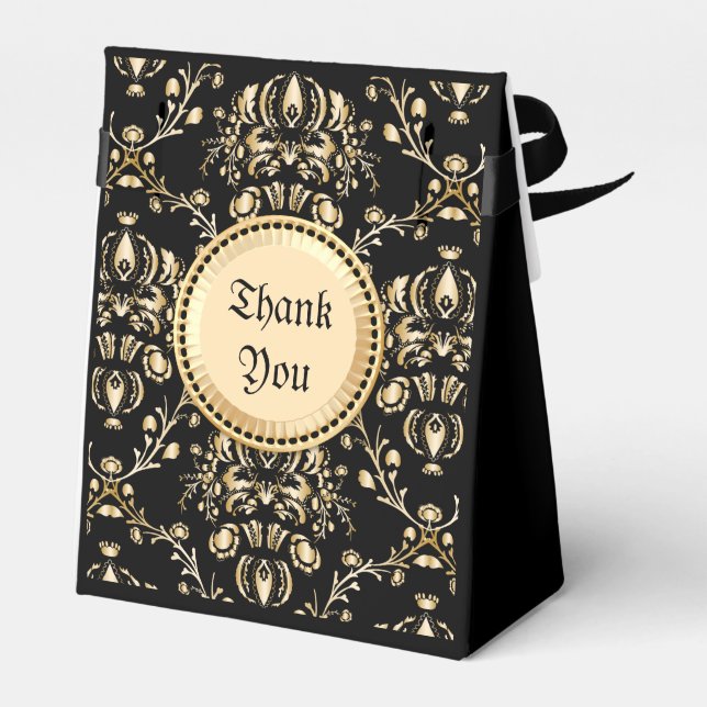 Monogram Classy Elegant Gold Damask Medieval Black Favor Boxes (Back Side)