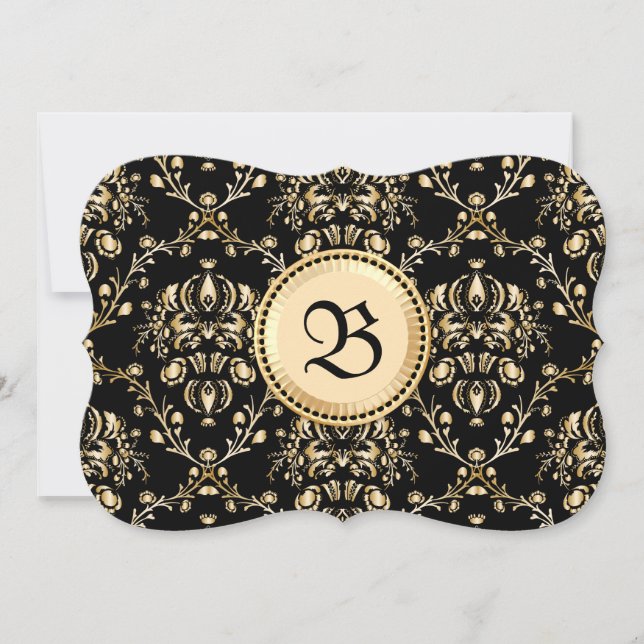 Monogram Classy Elegant Gold Damask Medieval Black Invitation (Front)