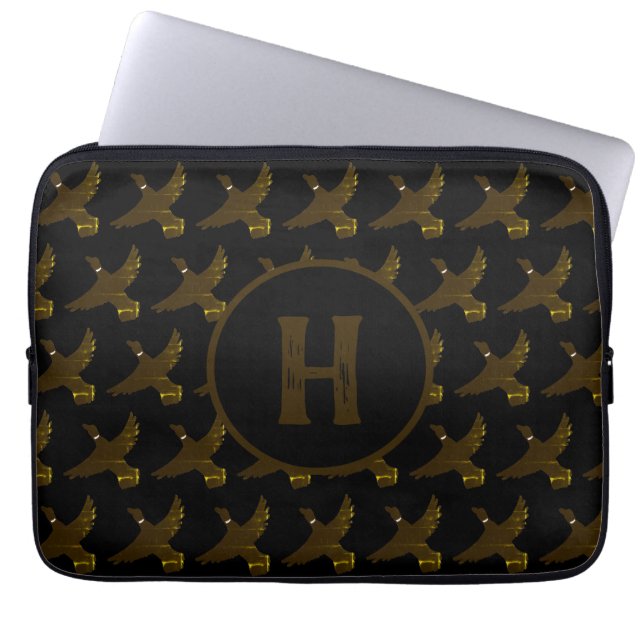 Monogram Classy Faux Gold Foil Ducks Laptop Sleeve (Front)