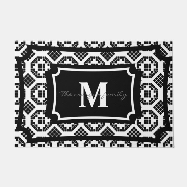 Monogram classy stylish black and white stylish    doormat (Front)
