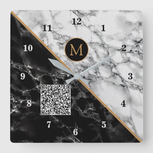 Monogram Clock Your QR Code _ Black White Marble
