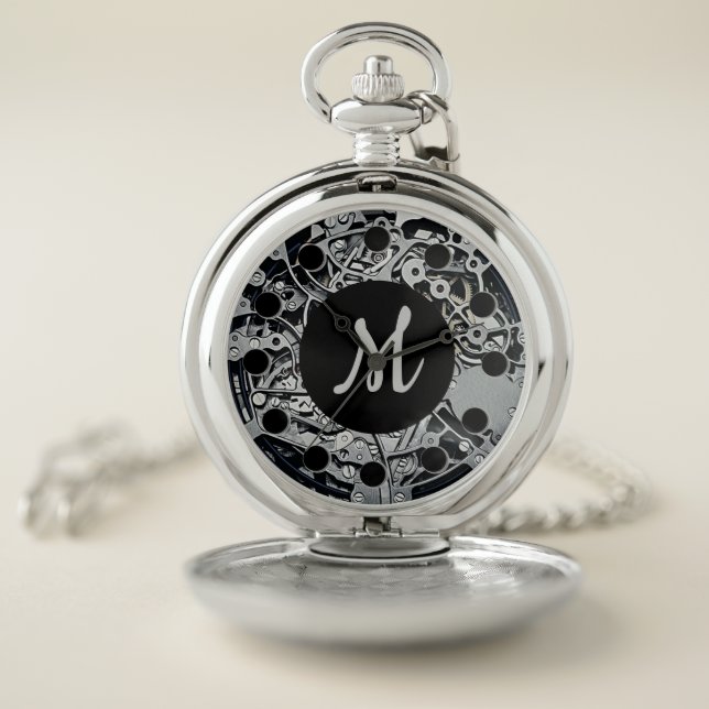 Monogram Clockwork Gears Silver Pocket Watch (Inside)