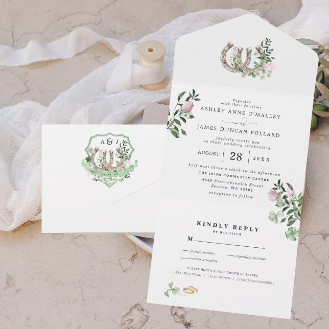 Monogram | Clover Horseshoes Botanical Wedding All In One Invitation (Creator Uploaded)