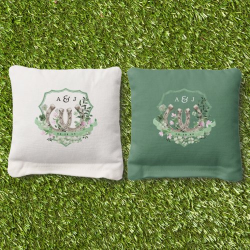 Monogram  Clover Horseshoes Botanical Wedding Cornhole Bags