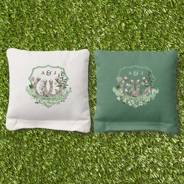 Monogram | Clover Horseshoes Botanical Wedding Cornhole Bags (Grass)