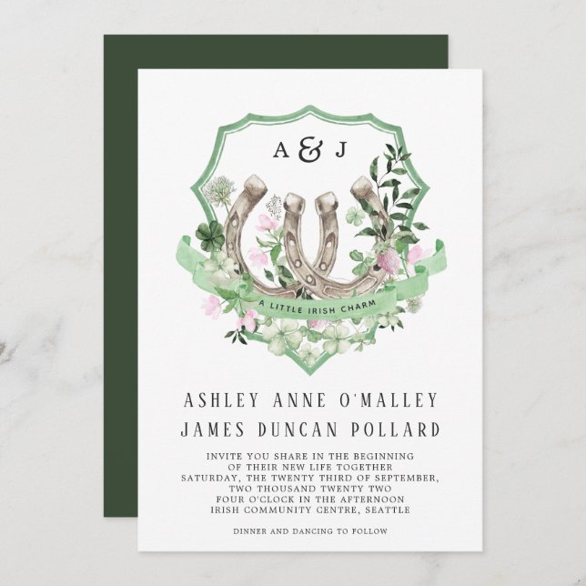 Monogram | Clover Horseshoes Botanical Wedding Invitation (Front/Back)