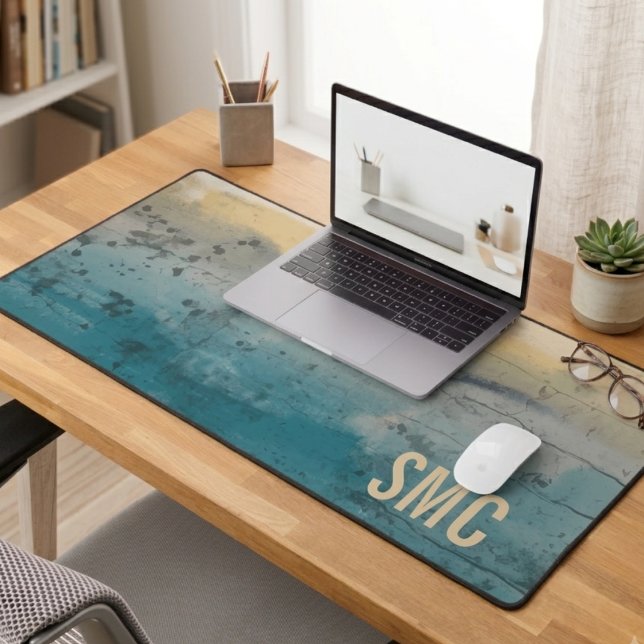 Monogram Coastal Abstract Desk Mat (Monogrammed teal coastal desk mat styled in a home office — a chic gift for her new job or promotion)