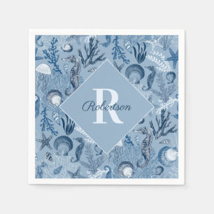 Monogram Coastal Blue Ocean  Napkins