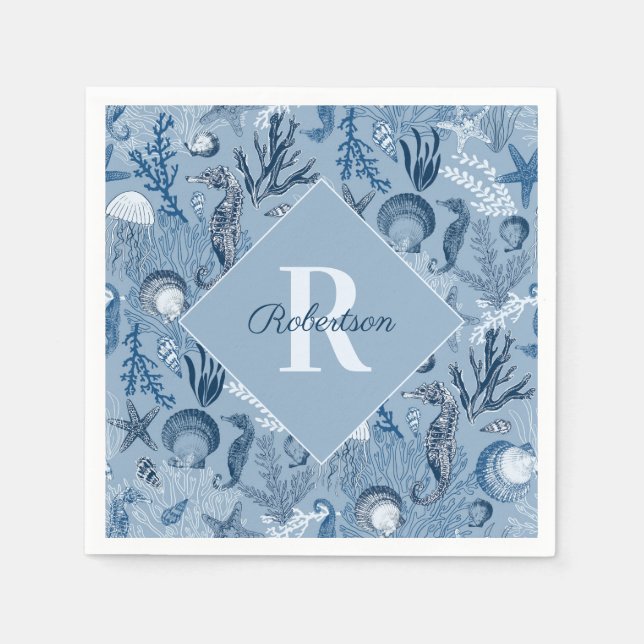 Monogram Coastal Blue Ocean  Napkins (Front)