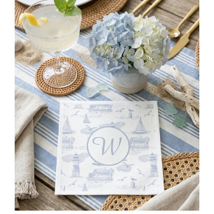 Monogram Coastal Toile Preppy Entertaining Napkins