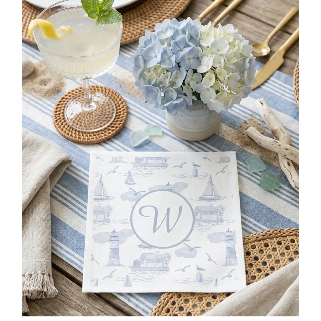 Monogram Coastal Toile | Preppy Entertaining Napkins (Creator Uploaded)