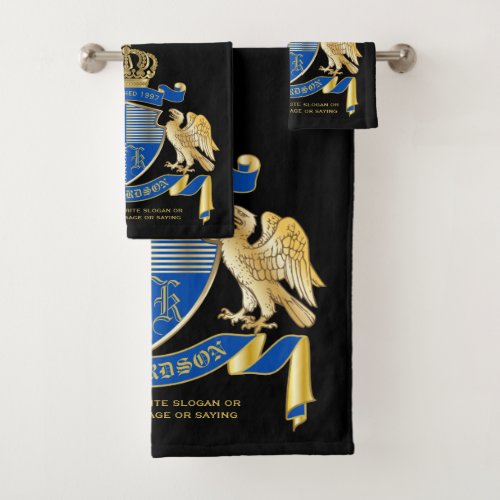 Monogram Coat of Arms Blue Gold Eagle Crown Emblem Bath Towel Set