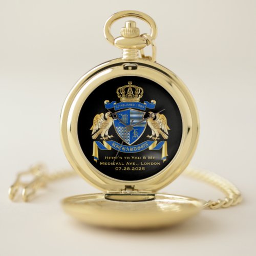 Monogram Coat of Arms Blue Gold Eagle Crown Emblem Pocket Watch