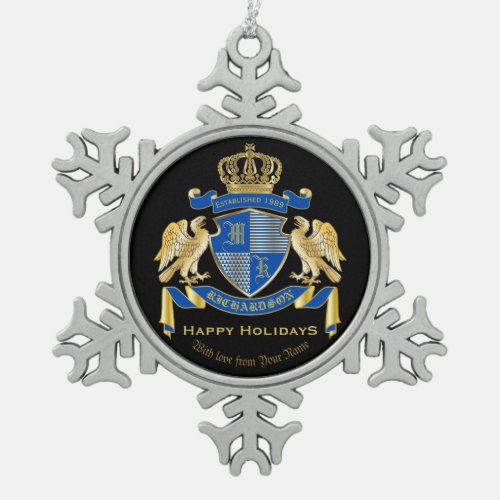 Monogram Coat of Arms Blue Gold Eagle Crown Emblem Snowflake Pewter Christmas Ornament