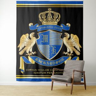 Monogram Coat of Arms Blue Gold Eagle Crown Emblem Tapestry