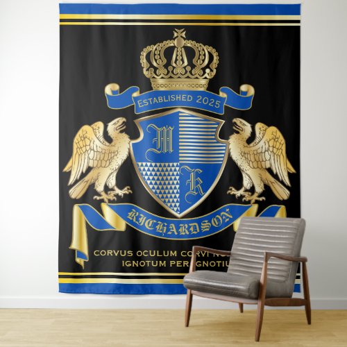 Monogram Coat of Arms Blue Gold Eagle Crown Emblem Tapestry