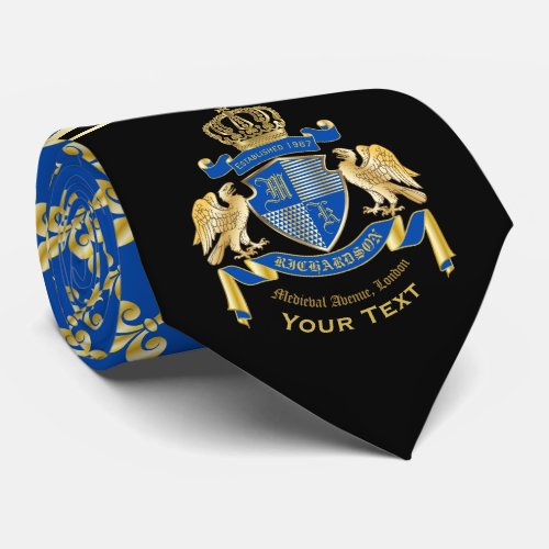 Monogram Coat of Arms Blue Gold Eagle Fleur de Lis Neck Tie