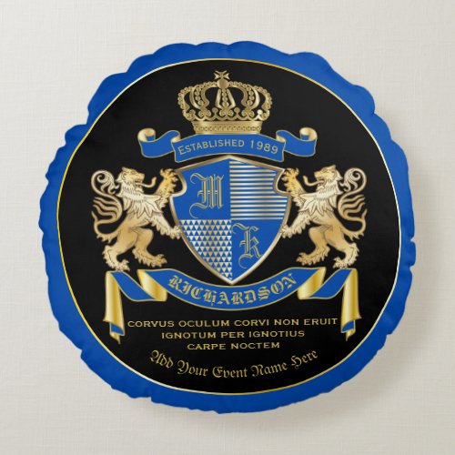 Monogram Coat of Arms Blue Gold Lion Crown Emblem Round Pillow
