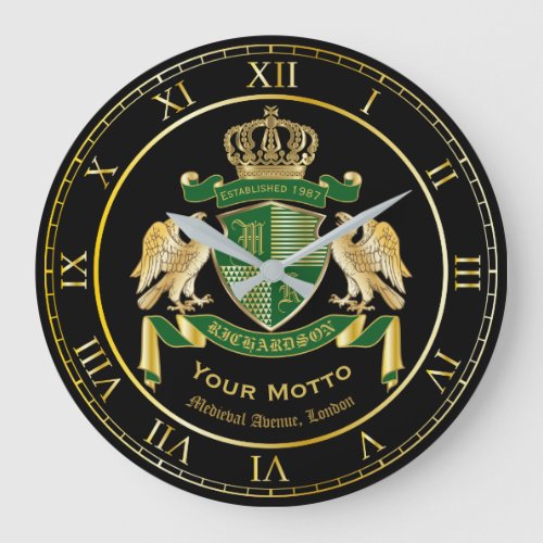 Monogram Coat of Arms Green Gold Eagle Emblem Large Clock