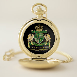 Monogram Coat of Arms Green Gold Eagle Emblem Pocket Watch