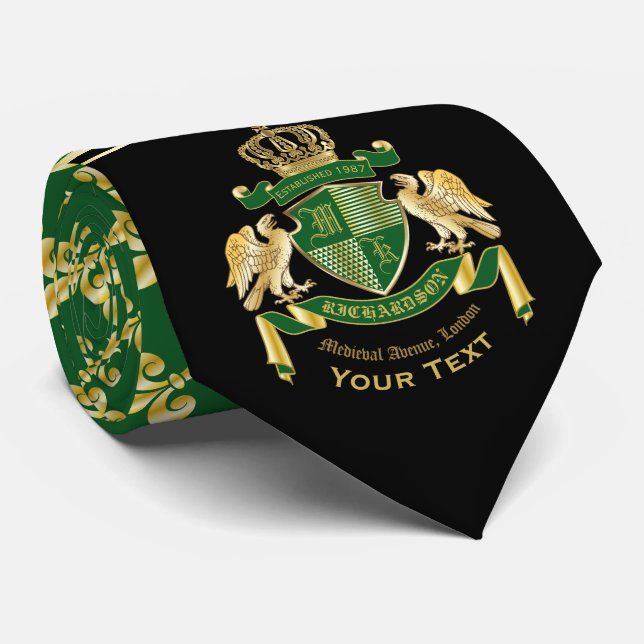 Monogram Coat of Arms Green Gold Eagle Fleur de Li Neck Tie (Rolled)