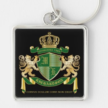 Monogram Coat Of Arms Green Gold Lion Crown Emblem Keychain by BCVintageLove at Zazzle