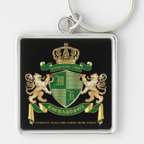 Monogram Coat of Arms Green Gold Lion Crown Emblem Keychain