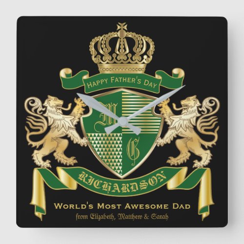 Monogram Coat of Arms Green Gold Lion Crown Emblem Square Wall Clock