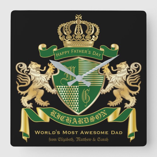 Monogram Coat of Arms Green Gold Lion Crown Emblem Square Wall Clock (Front)
