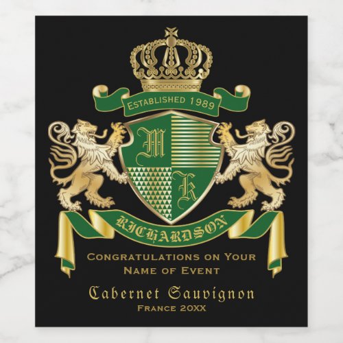 Monogram Coat of Arms Green Gold Lion Crown Emblem Wine Label