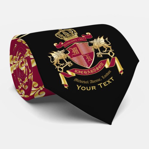 Monogram Coat of Arms Red Gold Dragon Crown Emblem Neck Tie
