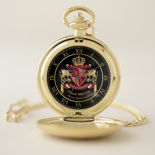 Monogram Coat of Arms Red Gold Dragon Crown Emblem Pocket Watch