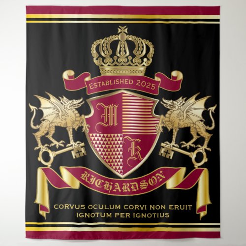 Monogram Coat of Arms Red Gold Dragon Crown Emblem Tapestry