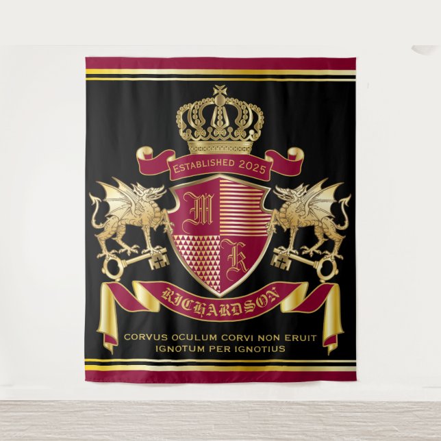Monogram Coat of Arms Red Gold Dragon Crown Emblem Tapestry (Front)