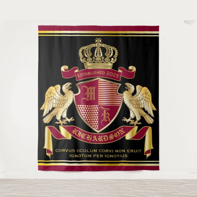 Monogram Coat of Arms Red Gold Eagle Crown Emblem Tapestry (Front)