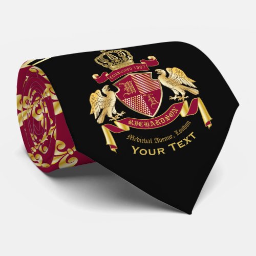 Monogram Coat of Arms Red Gold Eagle Fleur de Lis Neck Tie