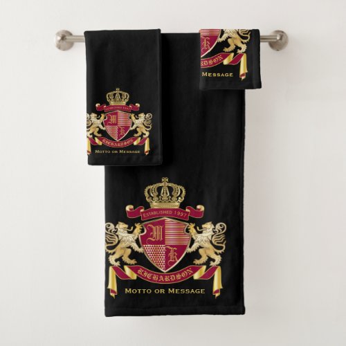 Monogram Coat of Arms Red Gold Lion Crown Emblem Bath Towel Set