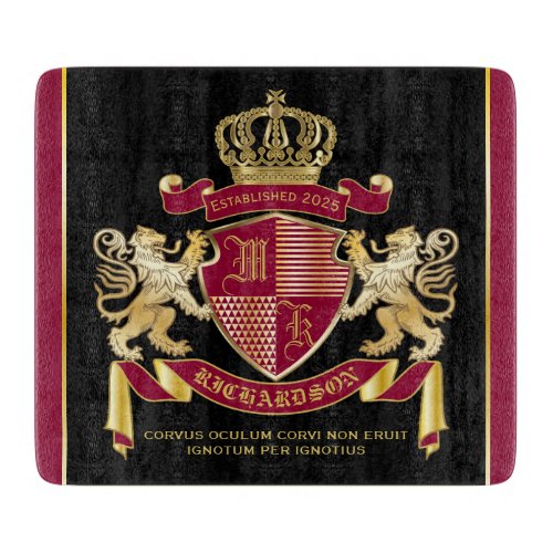 Monogram Coat of Arms Red Gold Lion Crown Emblem Cutting Board