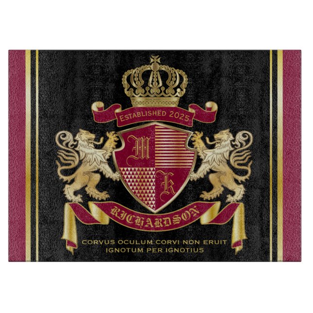 Monogram Coat of Arms Red Gold Lion Crown Emblem Cutting Board (Front)