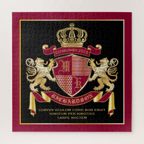 Monogram Coat of Arms Red Gold Lion Crown Emblem Jigsaw Puzzle